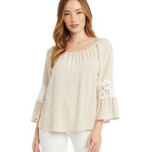 KAREN KANE Linen & Lace Peasant Top w/ Bell Sleeve